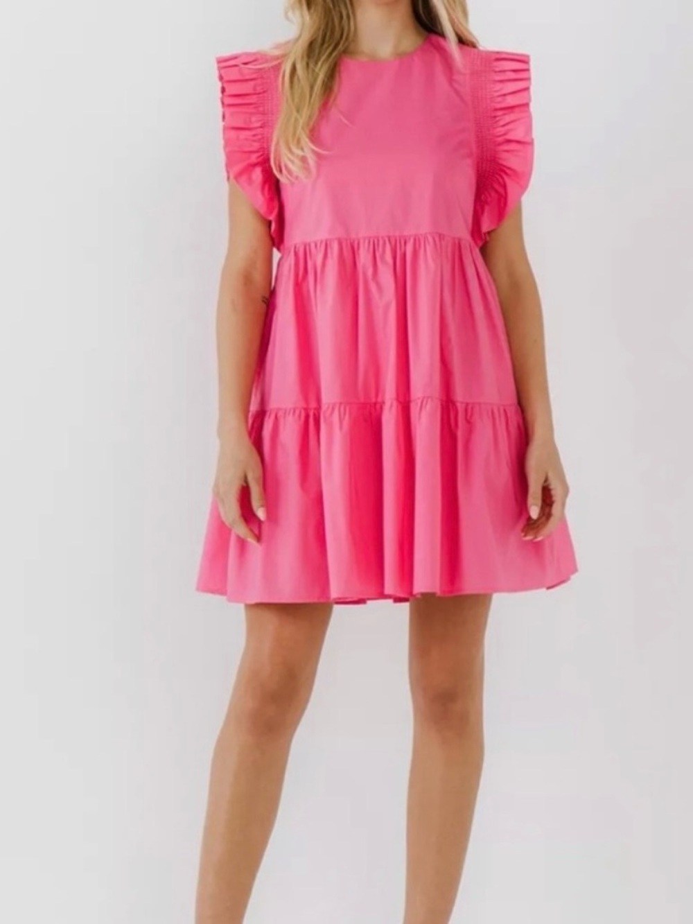 English Factory Women’s Bright Pink Ruffle Sleeve Tiered Mini Dress M